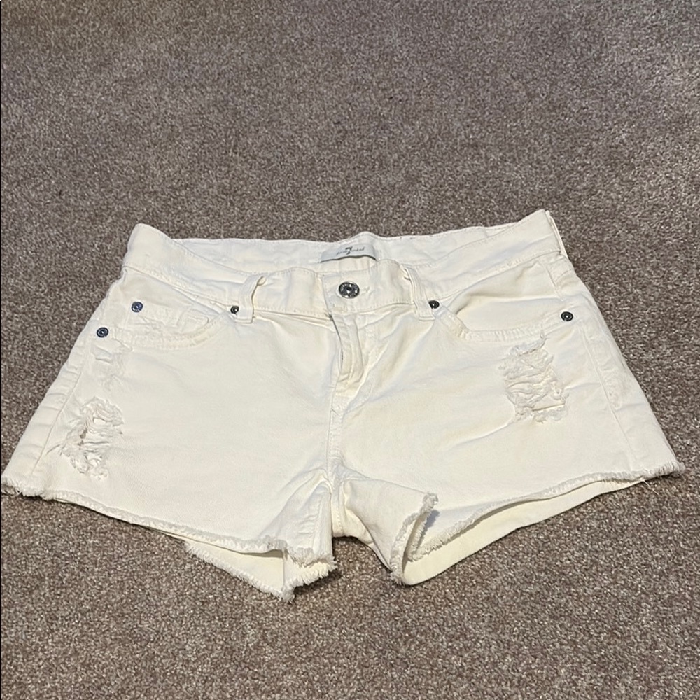 7 For All Mankind White Jean Shorts Distressed Mid-Length